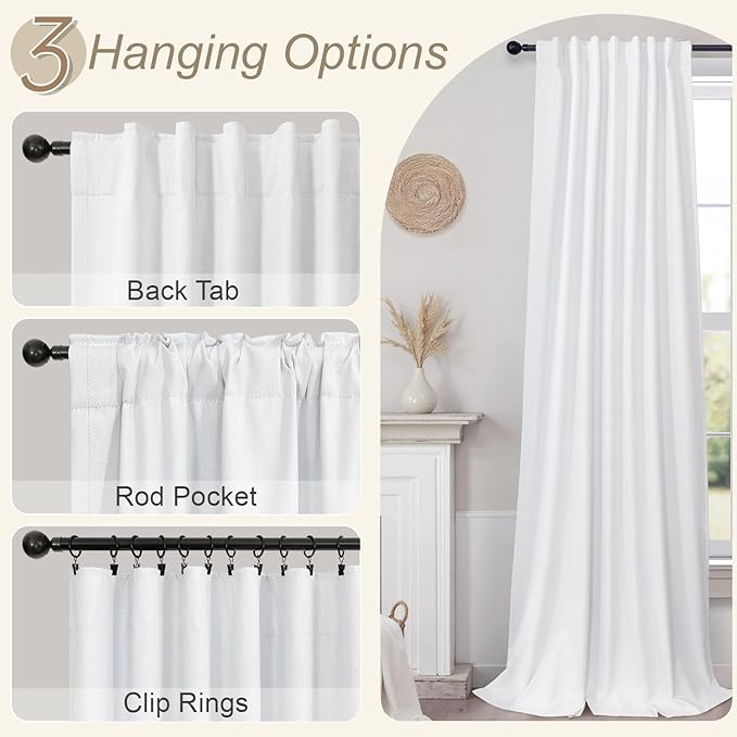 Pitalk 100% Blackout Curtains for Bedroom White 100 Inch Length Living Room Black Out Shades Faux Linen Designer Custom Drapes for Windows Treatments Thermal Insulating 100 Inches Long 2 Panels 2Pcs