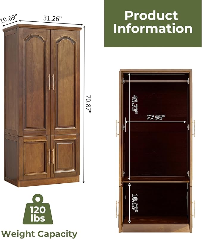 Solid Wood Wardrobe Closet:TemkTuek 70.87" Armoire,Clothing Storage Cabinet with Doors,Shelves and Hanging Rails,Vintage Freestanding,Bedroom,Wood Grain Color(22)