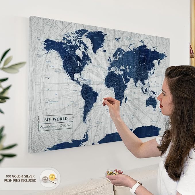 ElephantStock - My World Push Pin Map V Wall Art - Horizontal Canvas Wall Art - Living Room Wall Decor - Unique Map Canvas Art - Gray And Blue Decor - 39" x 26"