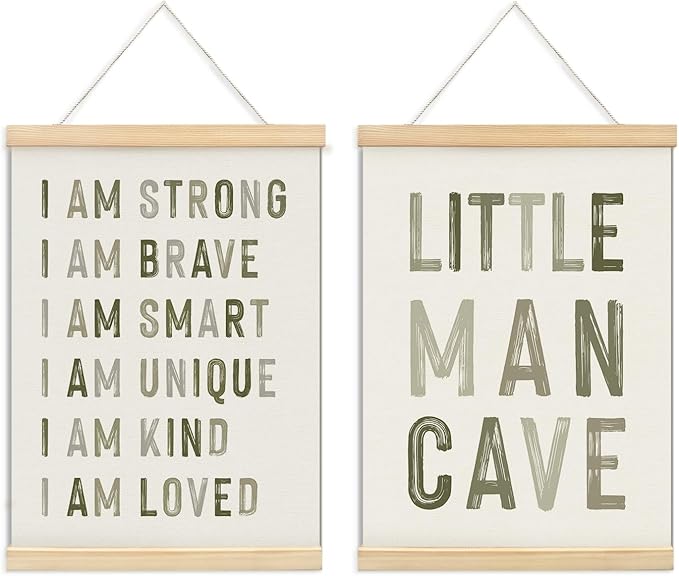 ULEGIE Boy Nursery Decor Posters Framed with Wood Hanger, Little Man Cave Sign for Boys Kids, Boys Room Decor, Toddler Room Decor, Positive Affirmations for Kids Decor, Art Prints for Nursery Playroom Bedroom, 2 Pack 12 x 16 Inches