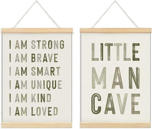 ULEGIE Boy Nursery Decor Posters Framed with Wood Hanger, Little Man Cave Sign for Boys Kids, Boys Room Decor, Toddler Room Decor, Positive Affirmations for Kids Decor, Art Prints for Nursery Playroom Bedroom, 2 Pack 12 x 16 Inches