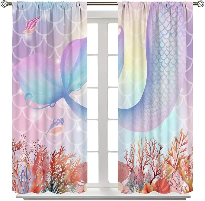 Dream Mermaid Curtains Colorful Mermaid Fish Tail Scale Fantasy Ocean Theme Beautiful Kids Window Treatment for Girls Bedroom Nursery Room Decor Rod Pocket Window Drapes 42x63in