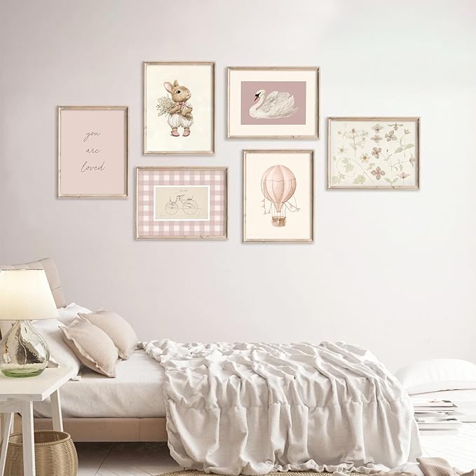 Pink Nursery Wall Art Baby Girl Canvas Wall Decor Vintage Poster Bunny Flower Wall Art Antique Preppy Pictures Animal Floral Prints Kids Swans Painting for Girls Room Bedroom 8x10x6 Inch Unframed