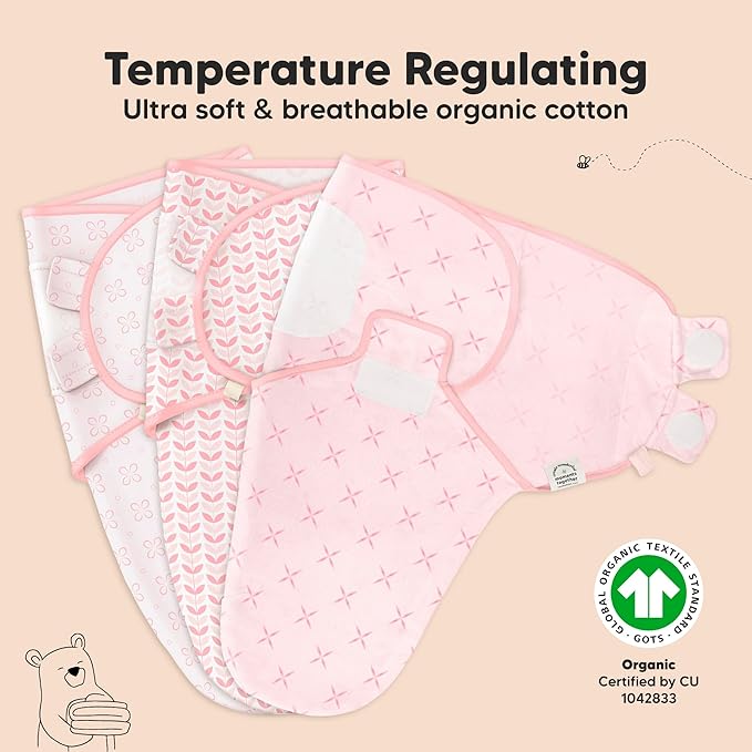 3-Pack Organic Baby Swaddle Sleep Sacks - Swaddles for Newborns, Infant 0-3 Months, Baby Girls, Boys, Soft & Snug Newborn Sleep Sack, Nursery Swaddling Blankets (Blossom, XS)