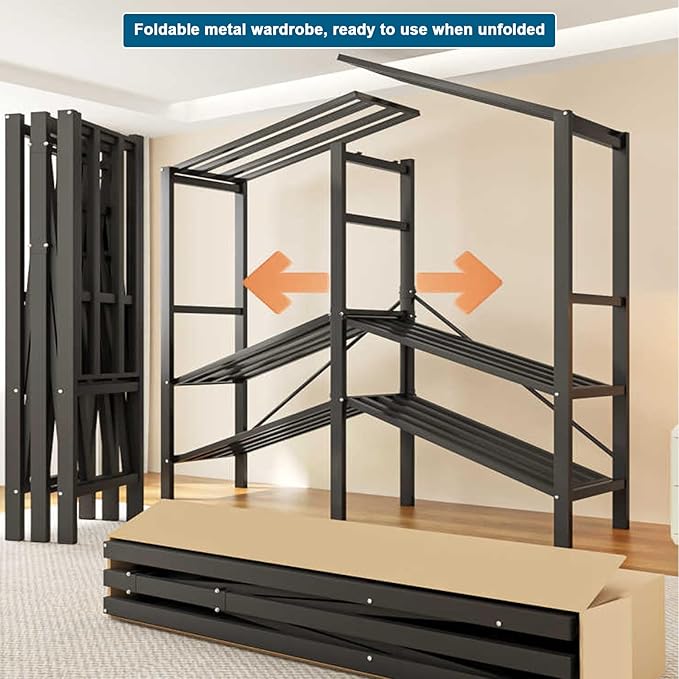 FPIGSHS Heavy Duty Clothes Rack with Cover Foldable Covered Clothes Rack for Hanging Clothes portable Wardrobe Closet System Freestanding Coat Storage Garment Racks for bedroom (black, 95in)