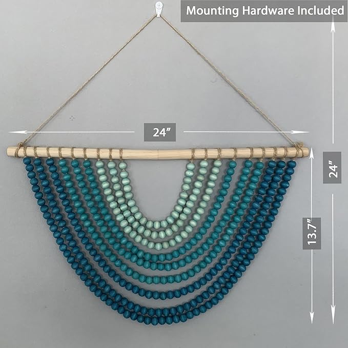 Boho Ombre Wood Bead Wall Hanging, Handmade Unique Giant Art Decor for Bedroom, Nursery, Living Room, or Entryway (Curve Coastal Blue Gradient, 24 Inches)