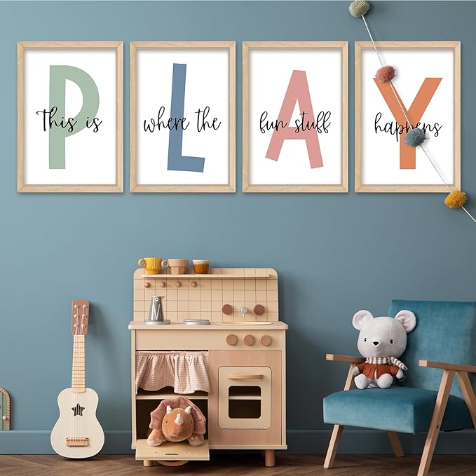 YWJKWLGS This Is Where The Fun Stuff Happens Kids Playroom Wall Decor 16"x24" Set of 4 Nursery Interesting Modren Wood Framed Let's Play Prints Sign for Boy Toddler Children Wall Hanging Art (Wood)
