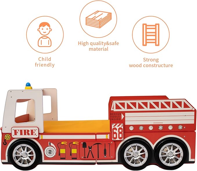 LKTART Twin Size Car Bed for Kids, Fire Truck-Shaped Wooden Platform Bed Frame with LED Lights, Headboard Wheels and Support Slats for Boys Toddlers Child's Bedroom (Red)