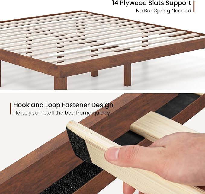 KOMFOTT 14 Inches Wood Platform Bed Frame King Size, Wooden Mattress Foundation with Rubber Wood Frame, Strong Wooden Slat Support, No Box Spring Needed, Bed Frame (Brown Cherry)