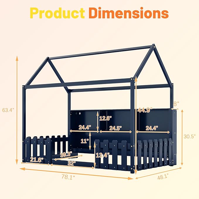 Twin Size Montessori Bed for Kids, Montessori Floor Bed with LED Light and Storage Bookshelf, Kids Beds with Guardrails for Boys & Girls, Navy Blue