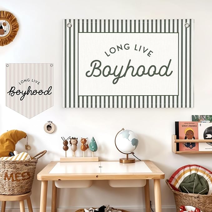 Lacama Vintage Green Long Live Boyhood Boys Room Decor, Boy Nursery Decor, Linen Banner Wall Hanging Canvas Banner Flag Decor for Toddler Boy Room Nursery 30x20 Inch