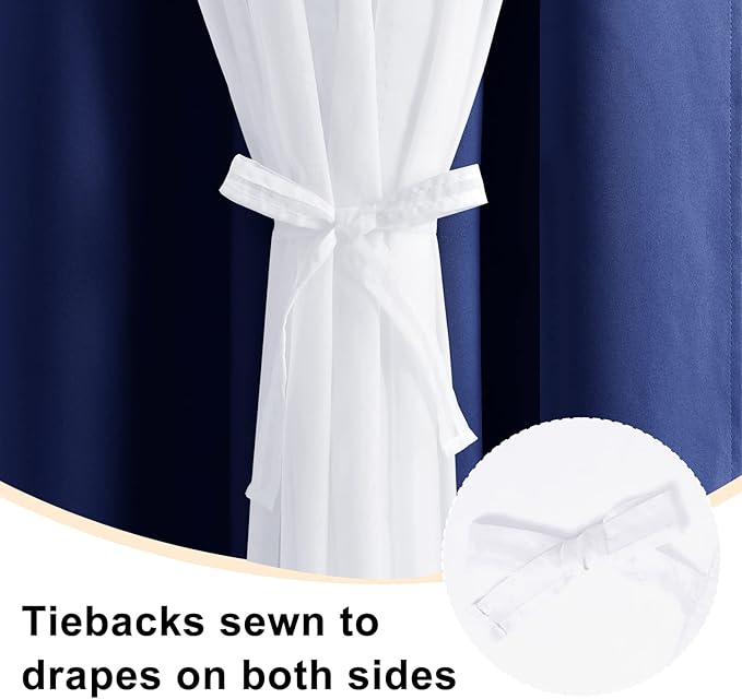 Hiasan Blackout Curtains with Sheer Overlay 84 Inches Long, Thermal Insulated Double Layer Window Curtains for Bedroom, Living Room, Nursery, 2 Panels Sewn with Tiebacks, Navy Blue, 70W X 84L