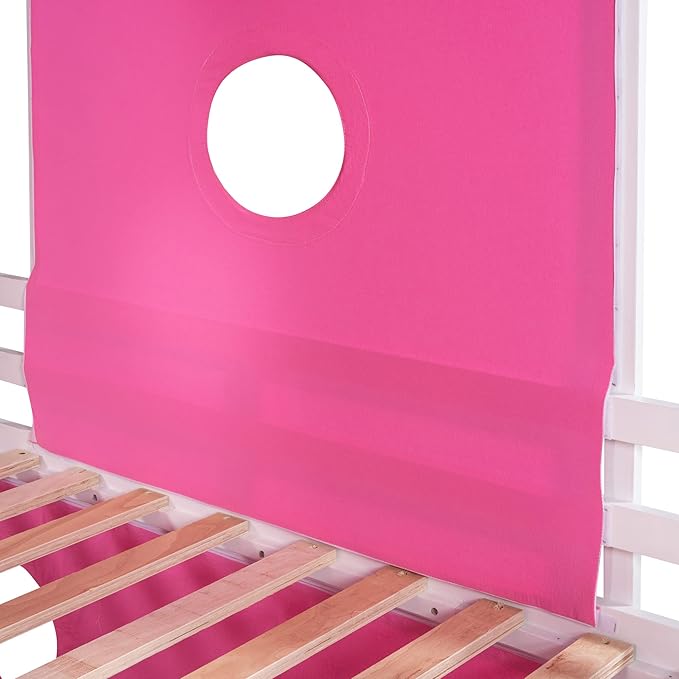 Playhouse Design Twin Size Low Loft Bed with Slide & Tent and Tower, Solid Wood Tent Bed Frame for Kids Boys Girls, Versatile Spacious Under Bed Space with Curtains (Pink-TW)