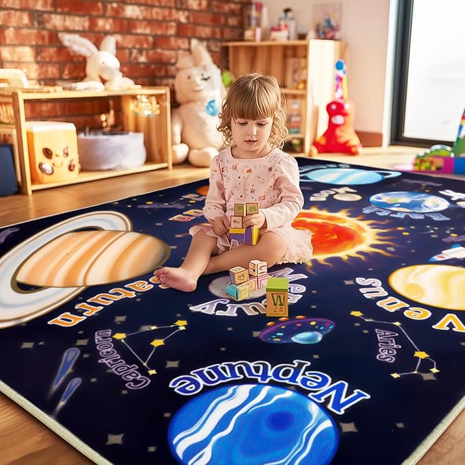 Kids Rugs for Playroom, 3x4 Feet Educational Rug for Learn The ABC Alphabet, Soft Machine Washable Non-Slip Cute Space Galaxy Carpet for Classroom Toddler Nursery Kids Room Decor Mat
