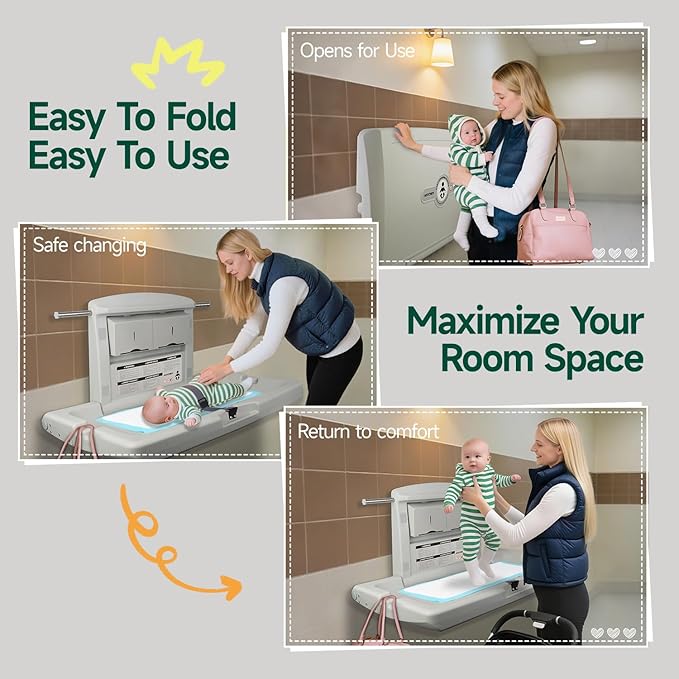 Durable Wall-Mounted Baby Changing Station, Heavy-Duty Design with Safety Straps, Fold-Up Space Saver, in Elegant Grayish White