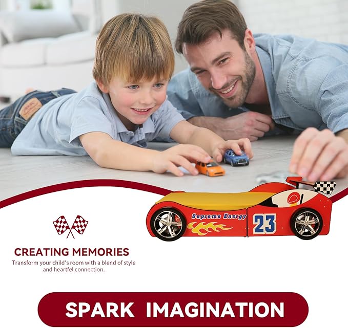 HMFULE Twin Bed Frames for Kids, Wood Race Car-Shaped Bed Frame Platform with Wheels LED Lights & Slat Support for Toddler, Teens, Boys or Girls, No Box Spring Needed (Red)