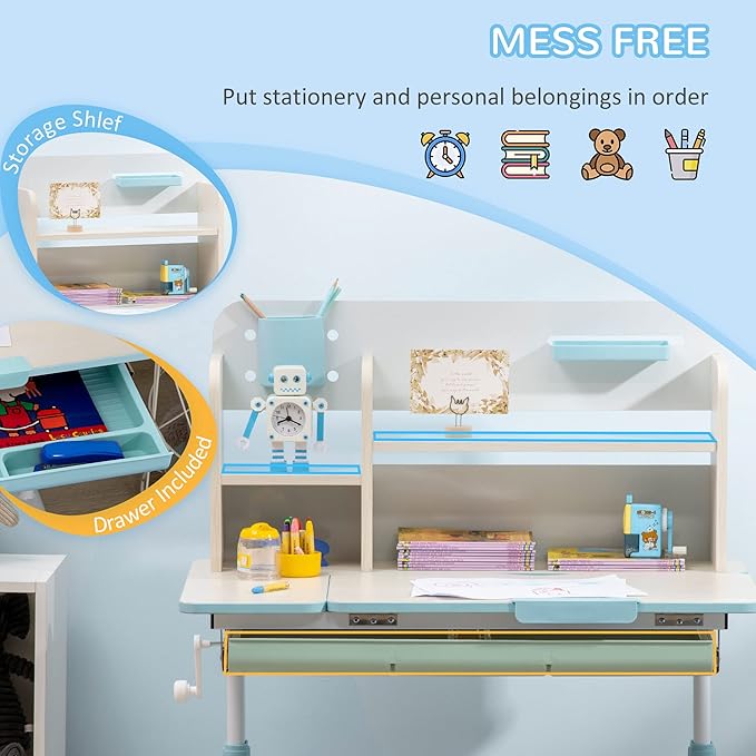 Qaba Wooden Kids Study Desk, Height Adjustable Children School Study Table, Student Writing Desk with Tilt Desktop, Drawer, Storage Shelf, Pen Holder, Blue