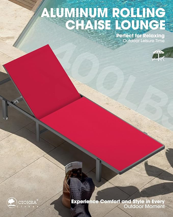 Ciokea Patio Chaise Lounge Chair Set of 2, Outdoor Lounge Chairs with Wheels, 5-Position Adjustable Sun Loungers for Pool, Deck, Beach,Red