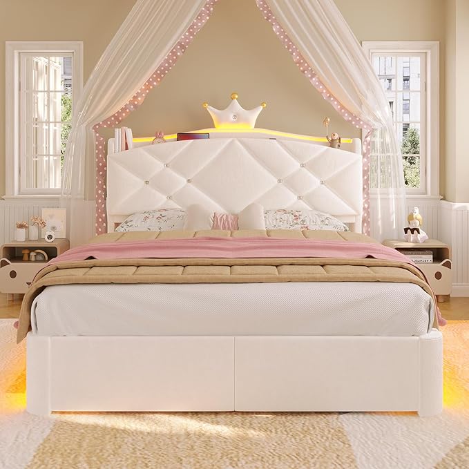 MSmask Full LED Bed Frame with Storage Headboard & 2 Storage Drawers, Princess Upholstered Bed with Charging Station & Crystal Button & Crown, Velvet Platform Bed for Girls, Curved Legs, White