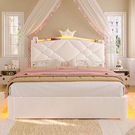 MSmask Full LED Bed Frame with Storage Headboard & 2 Storage Drawers, Princess Upholstered Bed with Charging Station & Crystal Button & Crown, Velvet Platform Bed for Girls, Curved Legs, White