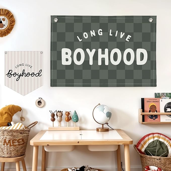 Lacama Green Long Live Boyhood Boys Room Decor, Boy Nursery Decor, Linen Banner Wall Hanging Canvas Banner Flag Decor for Toddler Boy Room Nursery 30x20 In