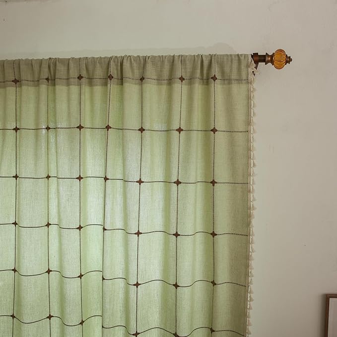 Deeprove Mint Green Boho Curtain Valance 18 Inches Length Bohemian Lattice Gingham Textured Embroidery Plaids, Vintage Chic Tassels Casual Easter Decor Drapes Rod Pocket, 1 Panel W52 x L18