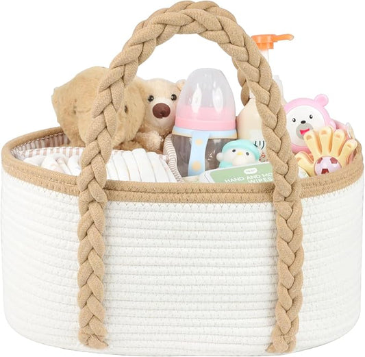 Baby Diaper Caddy, Portable Diaper Organizer for Changing Table, Car Travel Baby Shower Gifts Newborn Essentials, Cotton Rope Nursery Storage Basket for Boys Girls (White＆Khaki)