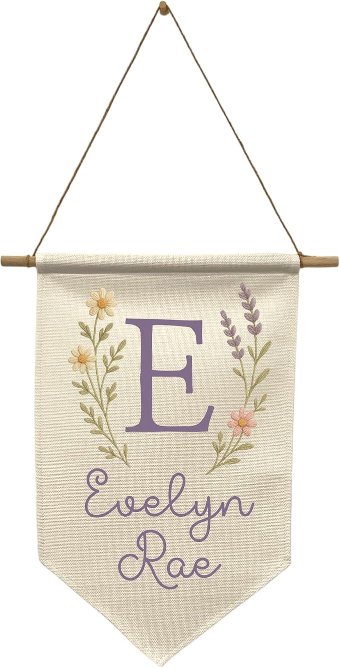 Custom Name Banner Faux Embroidery Nursery Wall Hanging - Boho Baby Girl Room Decor – Kids’ Name Sign for Nursery, Bedroom, or Playroom (Purple Wildflower)