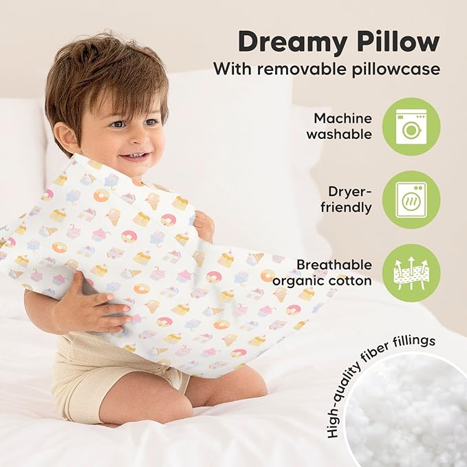 Toddler Pillow with Pillowcase - 13x18 My Little Dreamy Kids Travel Bed Pillows for Sleeping, Organic Cotton Small Pillowcase, Soft & Breathable, Machine Washable, Toddlers 2-5 years old (Sweetopia)
