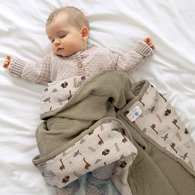 lulumoon Muslin Baby Blanket - Cotton Quilt Blankets for Toddlers - Reversible Nursery Crib Blanket for Baby Boys and Girls 47"x47"(Olive Dinosaur)