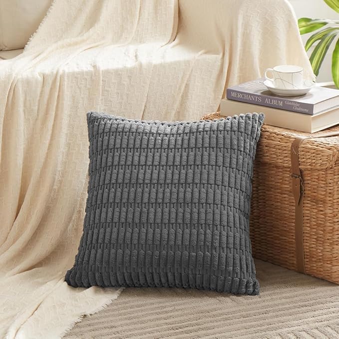 Fancy Homi 2 Packs Dark Grey Lumbar Decorative Throw Pillow Covers 14x14 Inch for Living Room Couch Bed Sofa, Rustic Farmhouse Boho Home Decor, Soft Striped Corduroy Rectangle Cushion Case 35x35 cm