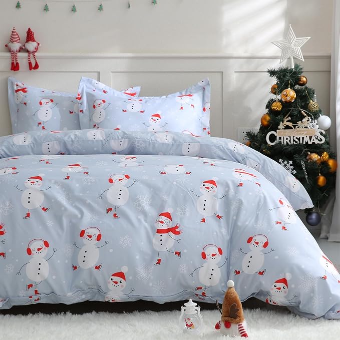 JSD Snowman Kids Duvet Cover Set Queen Size, 3 Piece Blue Printed Christmas Microfiber Comforter Cover with Pillow Shams Zipper Closure, Comforter Not Included