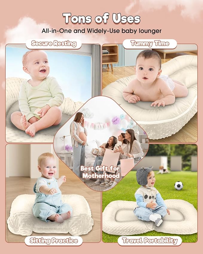 Baby Lounger Pillow : 2-in-1 Infant Lounger for Newborn 0-48 Months, Portable Tummy Time Mat for Home and Travel, Breathable & Soft Baby Seat for Baby, Babies Essentials Gifts