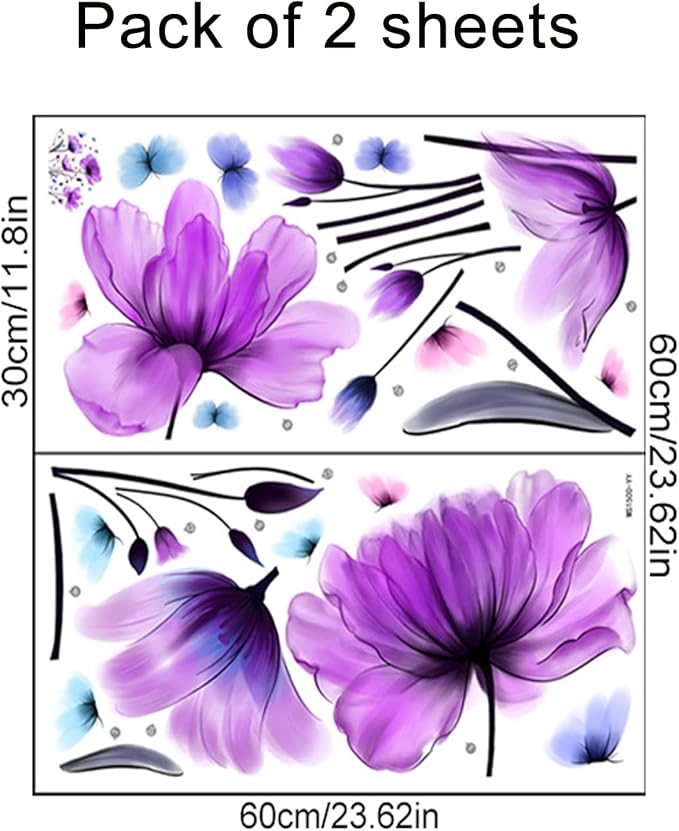 Tulip Wall Decals Flower and Colorful Butterfly Wall Sticker Purple Floral Art Wall Clings 25.2x35.43inch Removable DIY Vinyl Stickers for Living Room Bedroom TV Sofa Background Decoration