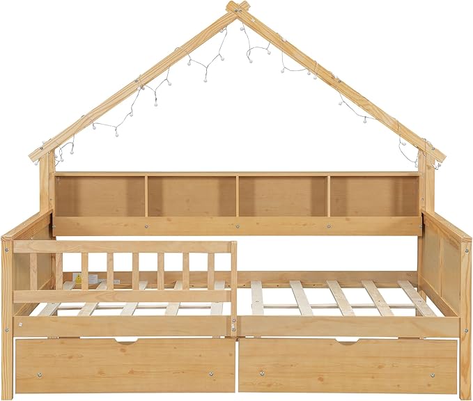Merax Full Size House Platform Bed with Storage Drawers, Full Toddler Bed with LED Light and Guardrail, Sturdy Wood Frame Support, House Platform Bed with Roof Design for Kids, No Box Spring,Natural