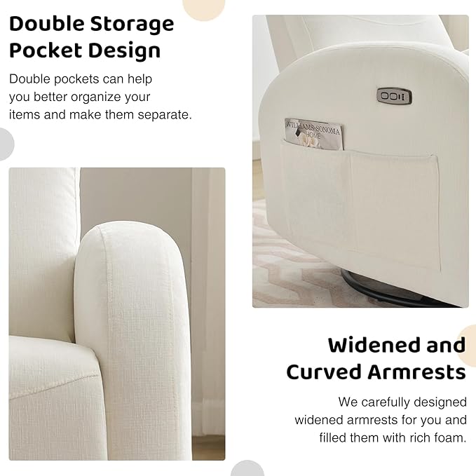 Power Nursery Glider Recliner, Chenille Electric Rocker Recliner with Type-C & USB Port, Nursery Swivel Rocker Recliners with Double Pockets for Adult, Cream White