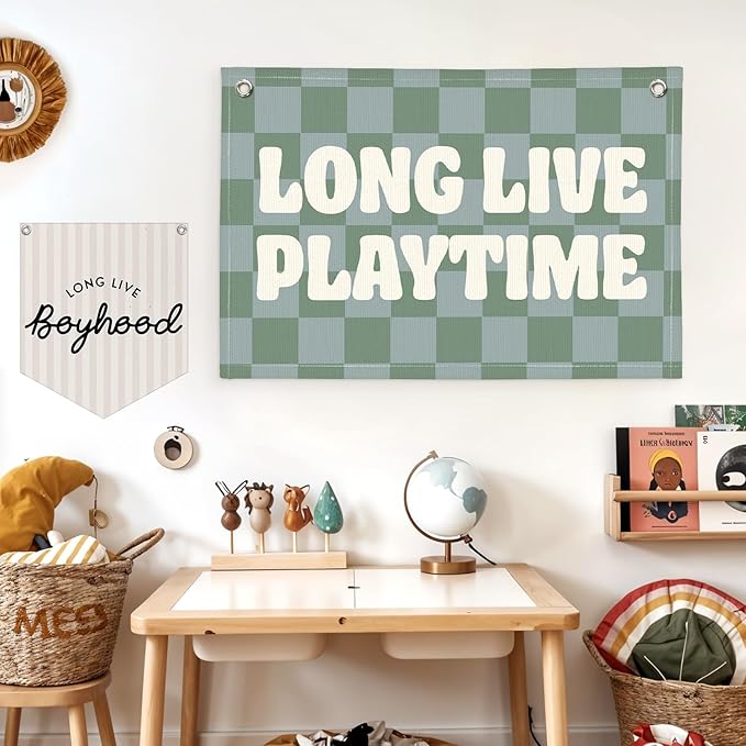 Lacama Playroom Decor, Play Room Wall Decor, Green Long Live Playtime Linen Banner Wall Hanging, Boho Cute Banner Flag Decor for Nursery Boys Room 30x20 Inch