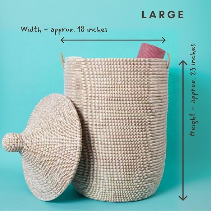 Wicker Basket, Storage & Organization, Home Decor, Laundry Hamper Bedroom, Baby Nursery Toys Bin, Blankets Storage Living Room, Bathroom Towels Holder, Woven, Round, Lid, Handles, White, Medium