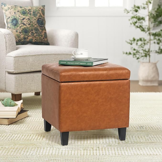 Adeco 17.7" Leather Cube Storage Orange Ottomans for Living Room