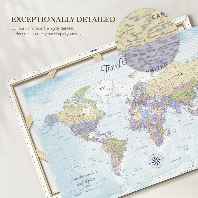 ElephantStock - Push Pin Travel Map World I Wall Art - Horizontal Canvas Wall Art - Living Room Wall Decor - Printmaking Map Canvas Art - Blue And Beige Decor - 48" x 32"