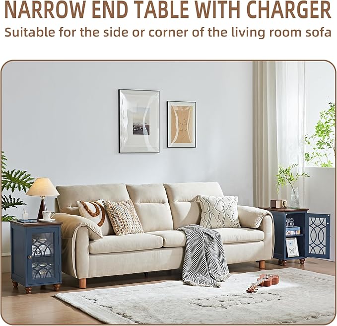 Narrow Side Table with Charging Station, Night Stand with Glass Door, Bedside End Tables with Adjustable Shelf Storage Cabinet,Wood Nightstand for Small Spaces Living Room Bedroom