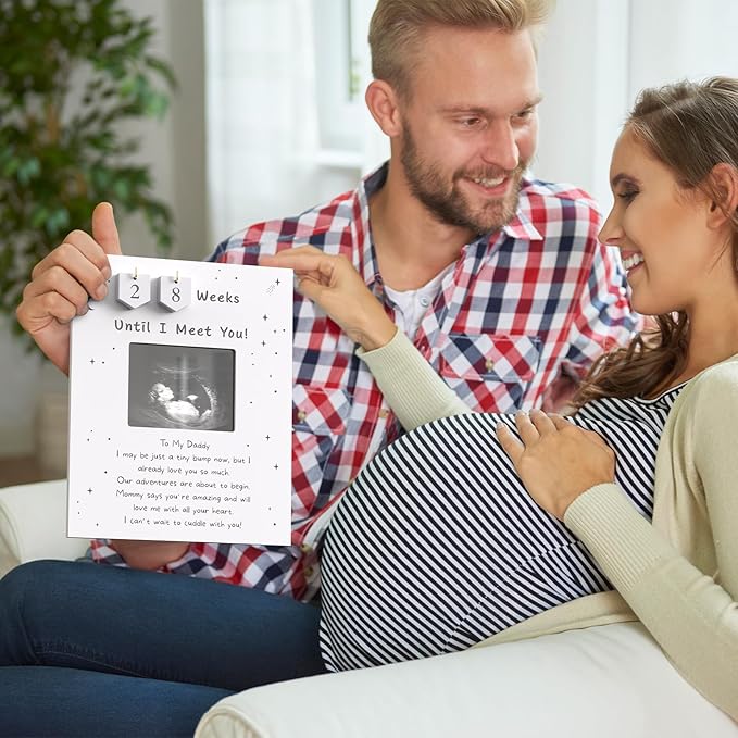 Sonogram Picture Frame Countdown Weeks For Dad - Pregnancy Announcements Ideas Sign - Standard 4"x3" Ultrasound Photo - Gender Reveal Gifts For Husband Father - New Expecting Parents to Be Keepsake