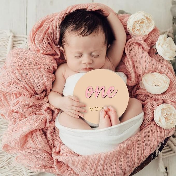 Monthly Baby Milestone Maker Discs, Baby Milestone Signs for Newborn Baby, Hello World Newborn Sign for Baby Girl & Boy, Baby Announcement Sign for 1-12 Month, Milestone Wooden Circles (Pink)