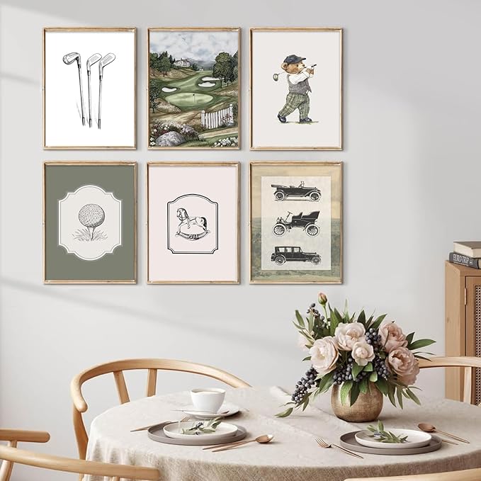VHQXFQHU 6Pcs Sage Green Vintage Nursery Wall Art Teddy Bear Golf Sports Wall Decor Toddler Vehicle Painting Pictures Vintage Cars Farmhouse Poster for Kids Boys Room Playroom Bedroom 8x10in Unframed