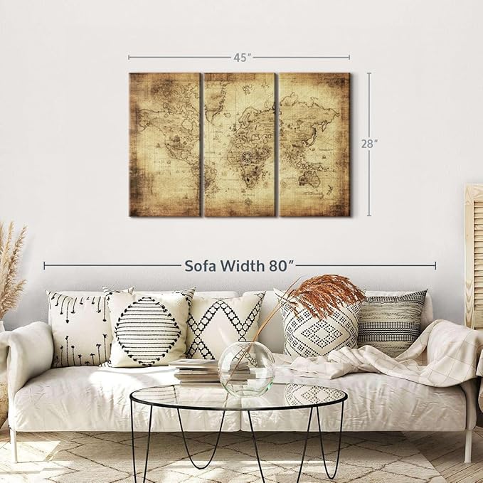 ElephantStock Ancient World Map Wall Art Multi Piece Canvas - 3 Piece Canvas World Map Wall Decor - Wall Decor - Ready-to-Hang Print - Vintage Wall Art - 45" X 28"
