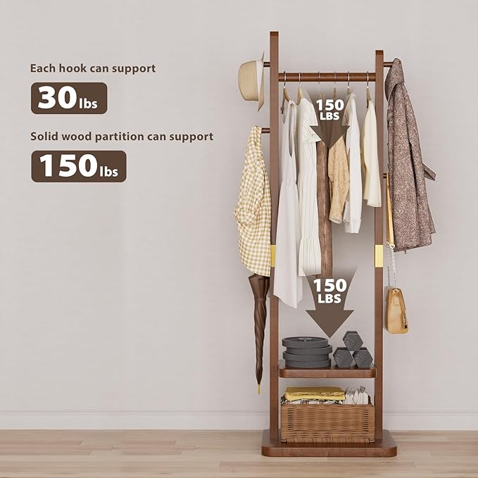 Coat Rack Freestanding Clothing Rack with Wheels & 2 Shelves Storage & 5 Hooks Heavy Duty Clothes Rack Wood Coat Tree Stand Hat Hanger Rack (Style 2 – Walnut Brown, Stationary Base (No Wheels), L)
