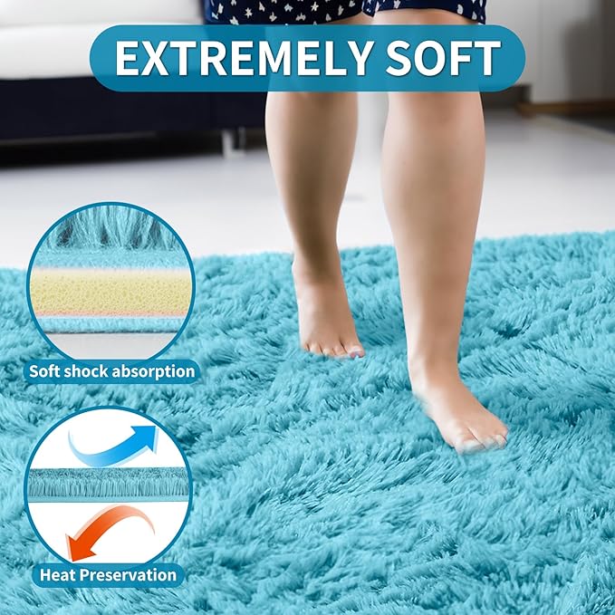 Merelax Soft Modern Indoor Large Shaggy Rug for Livingroom Bedroom Dorm Kids Room Home Decorative, Non-Slip Plush Fluffy Furry Fur Area Rugs Comfy Nursery Accent Floor Carpet 6x9 Feet, Teal Blue