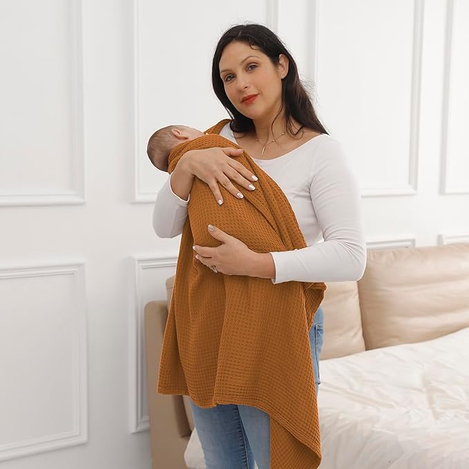 36” X 40” Inches Cooling Baby Waffle Weave Blanket, Ultra-Soft Lightweight Receiving Blanket for Newborn, Breathable Comfortable Baby Swaddle Blanket for Boys and Girls(Golden Amber)