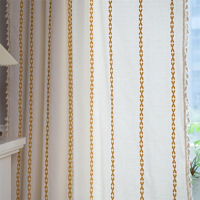Deeprove Gold Yellow Boho Curtains 96 inches Long for Bedroom, Vintage Privacy Bohemian Embroidery Light Filter Cotton Linen Stripes French Country Tassel Window Treatments Decor, W52 x L96, 1 Panel