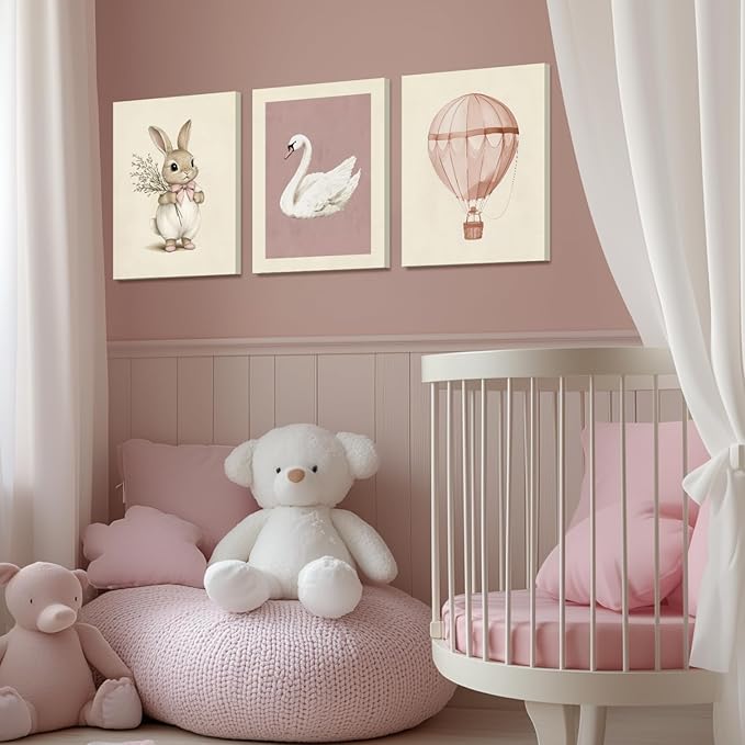 Hianan Pink Baby Girl Nursery Wall Decor Cute Bunny Wall Art Cozy Rabbit Canvas Artwork Elegant Swan Poster Prints Vintage Hot Air Balloon Painting Prints for Kid's Room Baby Room Framed 12"x16"x3